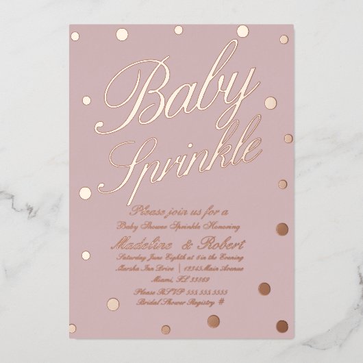 Baby shower Sprinkle Gold Stippen geperst Folie Uitnodiging (Voorkant)