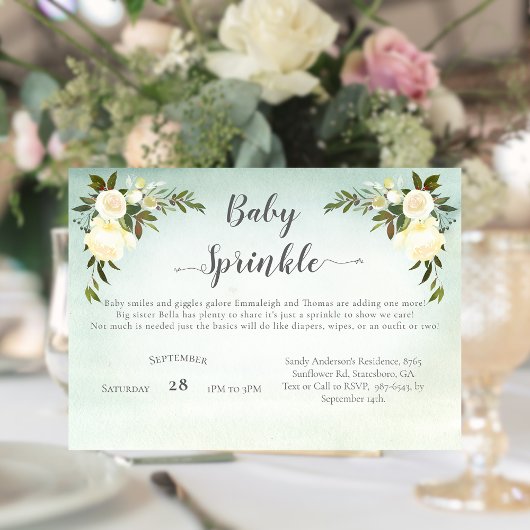 Baby shower Sprinkle Green White Roses Floral