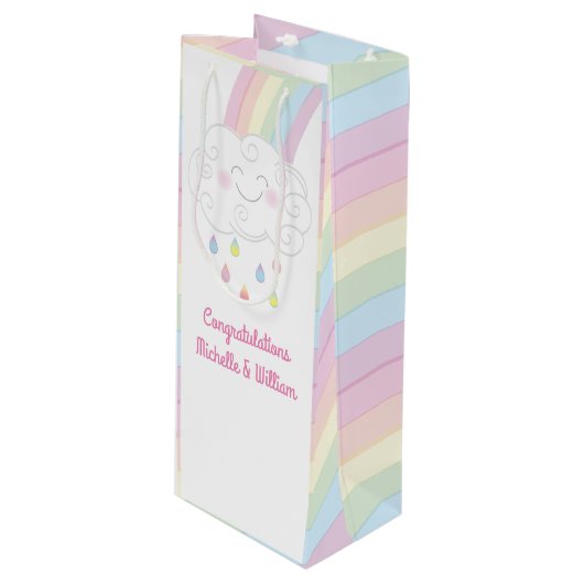 Baby shower Sprinkle Rainbow Raindrop Cloud Wijn Cadeautas (Voorkant Gekanteld)