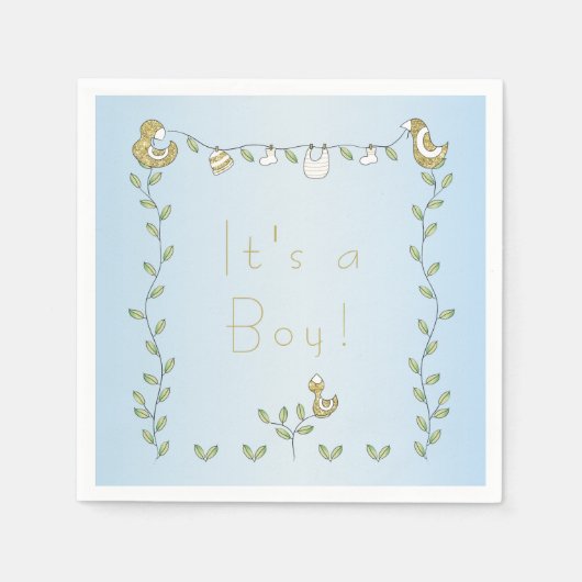 Baby shower Standaard Servet BLAUW "Gold Birds" (Voorkant)