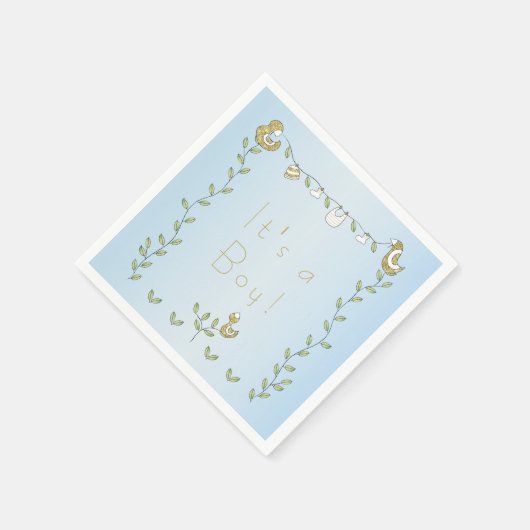 Baby shower Standaard Servet BLAUW "Gold Birds" (Hoek)