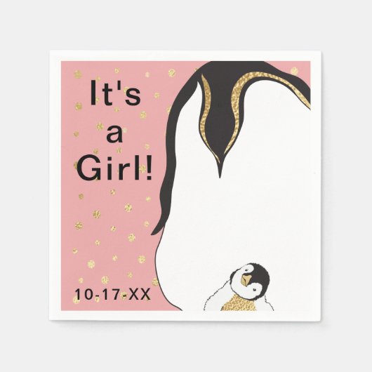 Baby shower Standaard servet "Gold/Pink Penguin" (Voorkant)