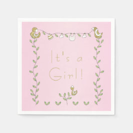 Baby shower Standaard Servet ROZE "Gold Birds"