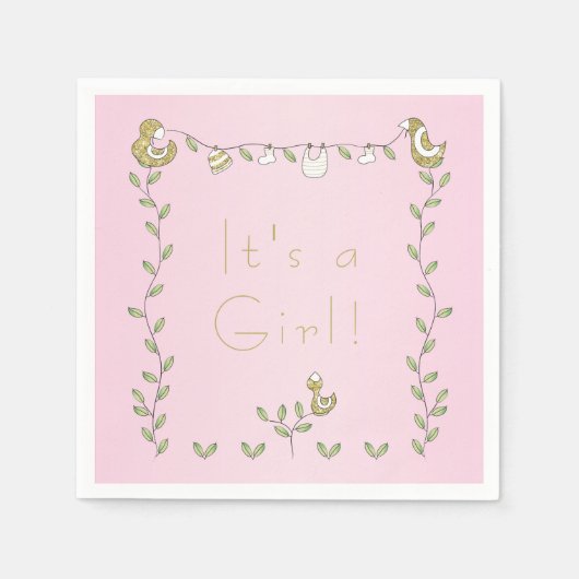 Baby shower Standaard Servet ROZE "Gold Birds" (Voorkant)