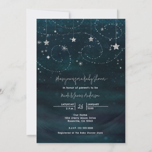 Baby shower Sterrennacht Blauw & Zilver Uitnodigin Kaart (Voorkant)