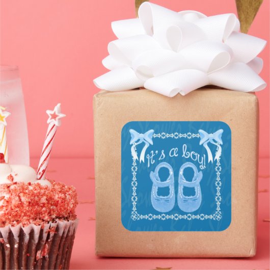 Baby shower sticker blauw vierkant (Feest)