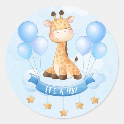 BABY SHOWER STICKER: HET IS EEN BOY: GIRAFFE RONDE STICKER (Voorkant)