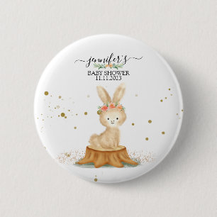 Baby shower stippen met konijntje en bosdieren ronde button 5,7 cm