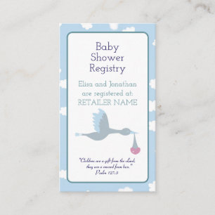 Baby shower Stork Boy Blue Sky Clouds Bijbelvers Informatiekaartje