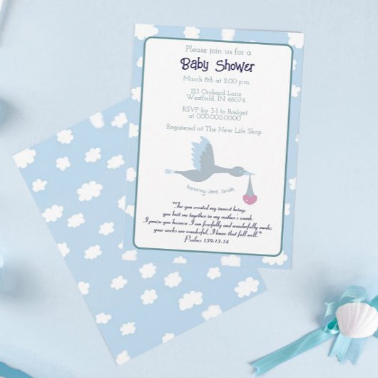 Baby shower Stork Invitation Blue Sky Bible Verse Kaart