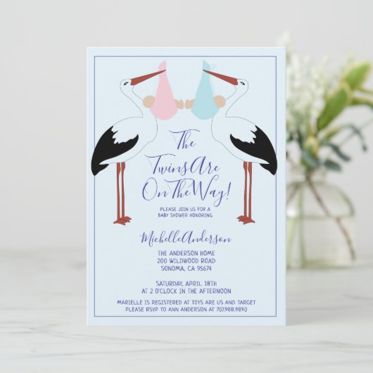 Baby shower Stortel- en tweelingblauw- en roze Bab Kaart (Staand voorkant)