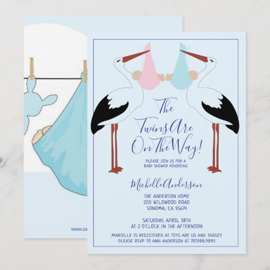 Baby shower Stortel- en tweelingblauw- en roze Bab Kaart (Voorkant / Achterkant)