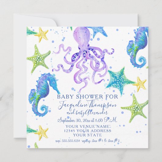 Baby shower Strand Zeesterren Octopus Zeepaardje P Kaart (Voorkant)