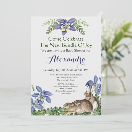 Baby shower Stylish Blue Floral Rabbit Waterverf (Staand voorkant)