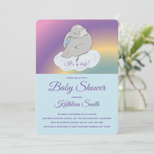 Baby shower Sweet Cute Elephant Het is een jongen  Kaart (Staand voorkant)