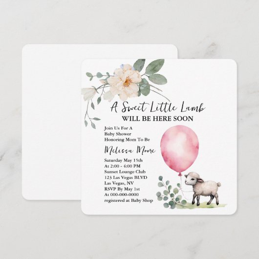 Baby shower Sweet Little Lamb Pink Balloon Kaart (Voorkant / Achterkant)