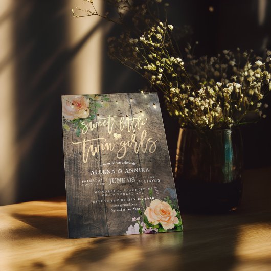 Baby shower Sweet Little Twin Girls Flowers Wood Kaart