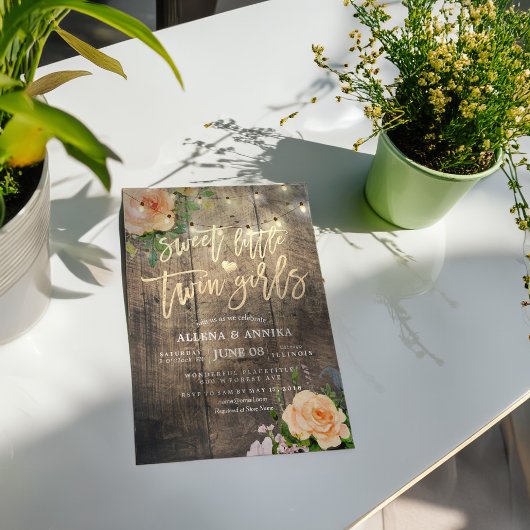 Baby shower Sweet Little Twin Girls Flowers Wood Kaart