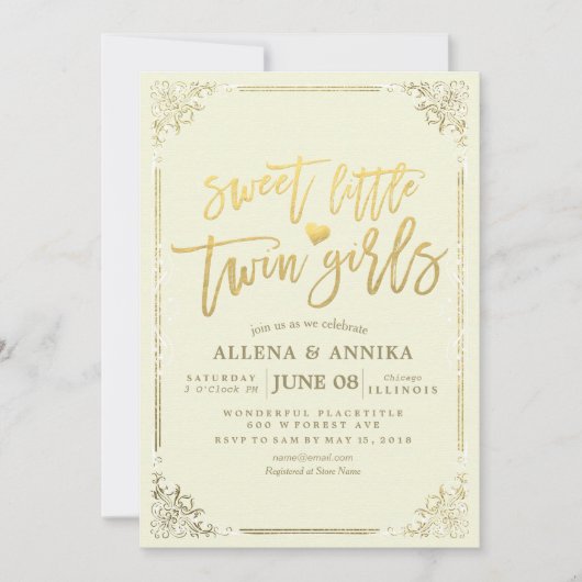 Baby shower Sweet Little Twin Girls Gold Lijst Kaart (Voorkant)