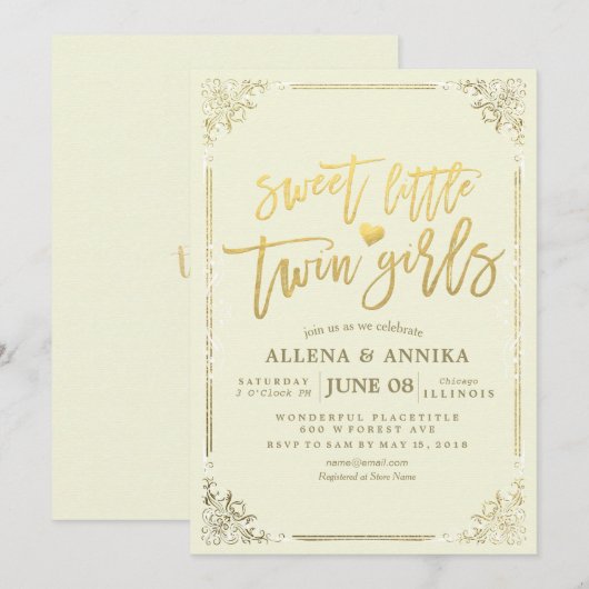 Baby shower Sweet Little Twin Girls Gold Lijst Kaart (Voorkant / Achterkant)