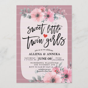 Baby shower Sweet Little Twin Girls Pink Flowers Kaart