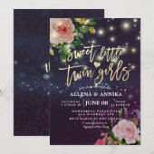 Baby shower Sweet Little Twins Floral Paars Light Kaart (Voorkant / Achterkant)