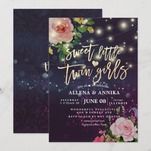 Baby shower Sweet Little Twins Floral Paars Light Kaart (Voorkant / Achterkant)