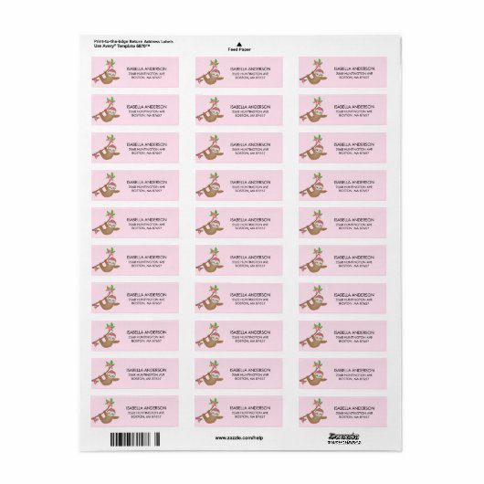 Baby shower Sweet Sloth Girls Adres Label (Full Sheet)