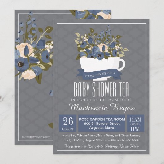 baby shower Tea Invitation, Birthday of Sip & See Kaart (Voorkant / Achterkant)