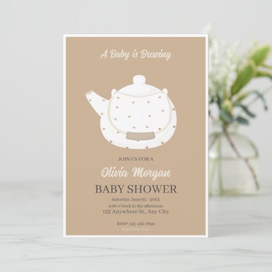 Baby shower Tea Party Bruin Uitnodiging Kaart (Staand voorkant)
