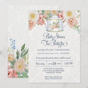 baby shower Tea Party Dusty Blue Blush Pink Teapot Kaart