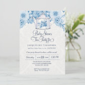 baby shower Tea Party Dusty Blue Flowers w Teapot Kaart (Staand voorkant)