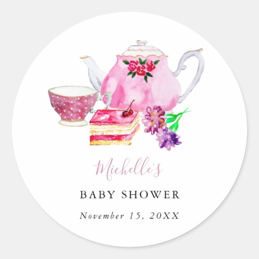 Baby shower Tea Party Dusty Roos Teapot Ronde Sticker (Voorkant)