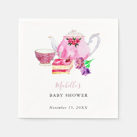 Baby shower Tea Party Dusty Roos Teapot Servet (Voorkant)