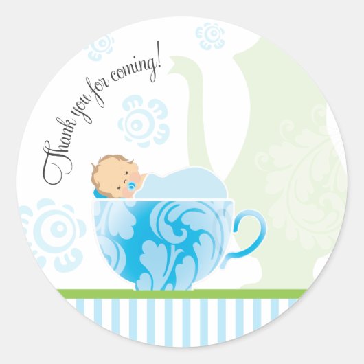 Baby shower Tea Party Favor Sticker | Jongen (Voorkant)