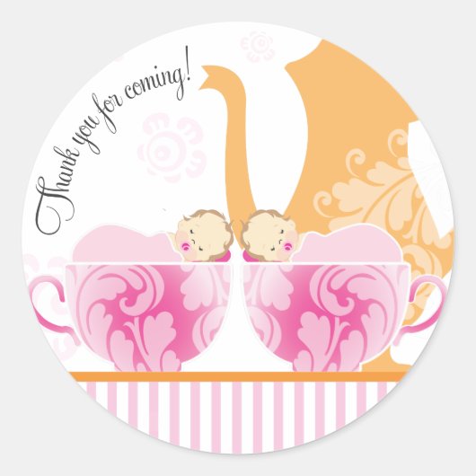 Baby shower Tea Party Favor Sticker | Tweeling Mei (Voorkant)