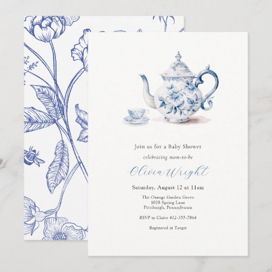 Baby shower Tea Party Kaart (Voorkant / Achterkant)