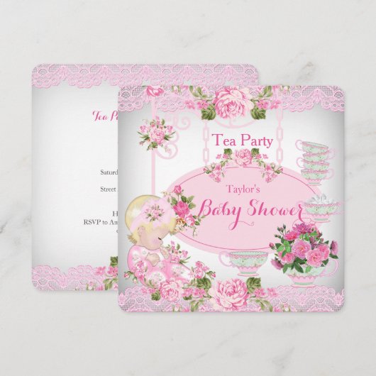 Baby shower Tea Party  Lace Pink Floral B Kaart (Voorkant / Achterkant)