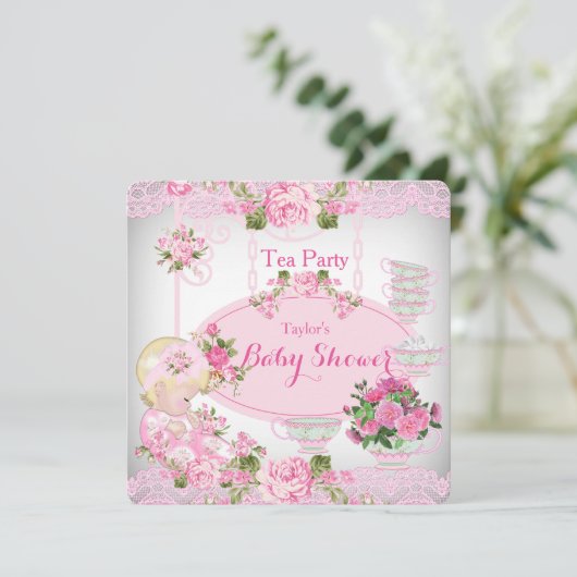 Baby shower Tea Party  Lace Pink Floral B Kaart (Staand voorkant)