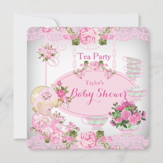 Baby shower Tea Party  Lace Pink Floral B Kaart (Voorkant)