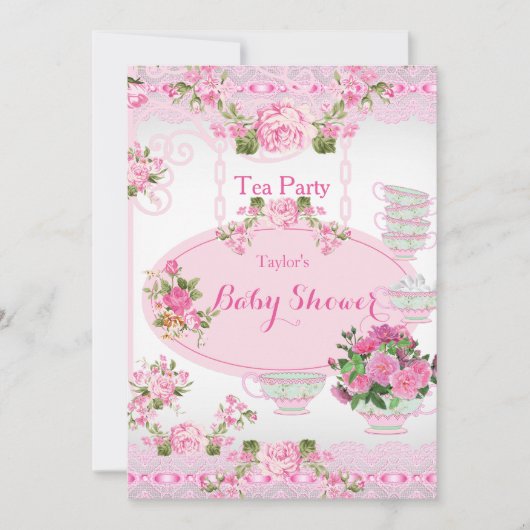 Baby shower Tea Party  Lace Pink Floral D Kaart (Voorkant)