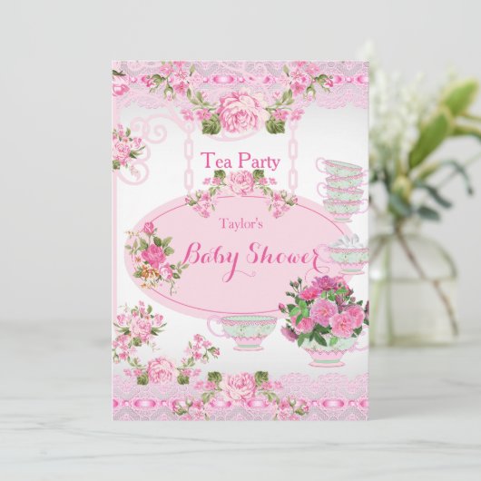 Baby shower Tea Party  Lace Pink Floral D Kaart (Staand voorkant)
