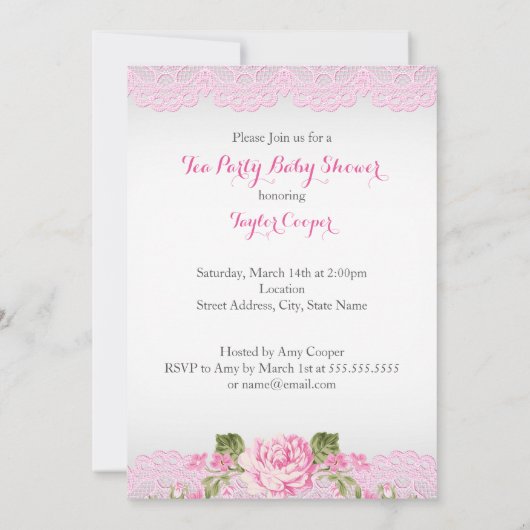Baby shower Tea Party Lace Pink Floral D Kaart (Achterkant)