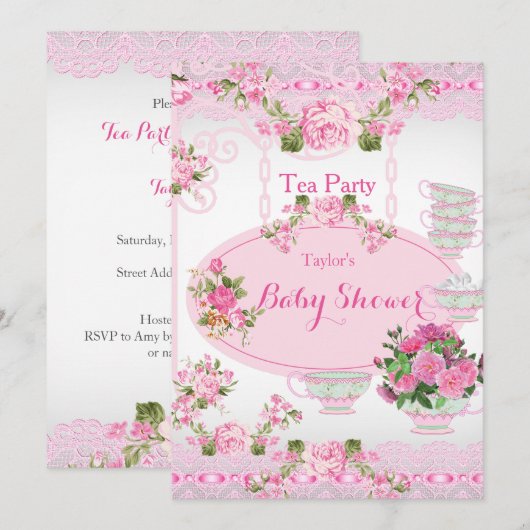 Baby shower Tea Party  Lace Pink Floral D Kaart (Voorkant / Achterkant)