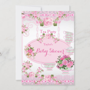 Baby shower Tea Party Lace Pink Floral D Kaart
