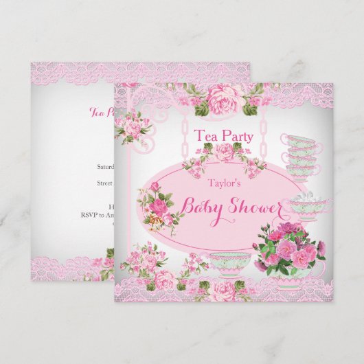 Baby shower Tea Party  Lace Pink Floral D Kaart (Voorkant / Achterkant)