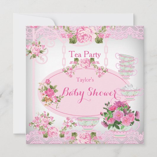 Baby shower Tea Party  Lace Pink Floral D Kaart (Voorkant)