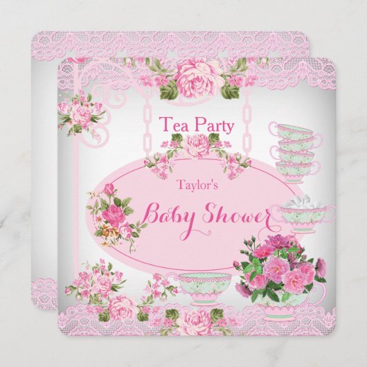 Baby shower Tea Party Lace Pink Floral D Kaart (Voorkant / Achterkant)