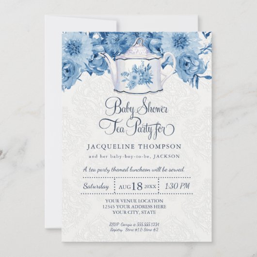 Baby shower Tea Party Navy Blue Floral w Theepot Kaart (Voorkant)