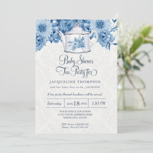 Baby shower Tea Party Navy Blue Floral w Theepot Kaart (Staand voorkant)